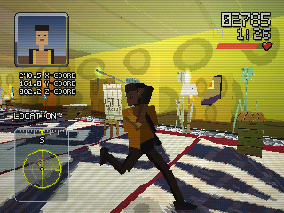 Gamifornication character striding across a surreal yellow film backlot filled with oversized spheres, studio props, coordinate readouts, minimap, score, and health bar