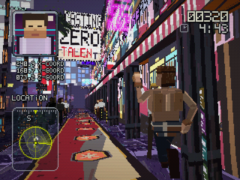 Blocky Gamifornication character running down a neon-lit city boulevard with a minimap, coordinate readouts, score, and health meter