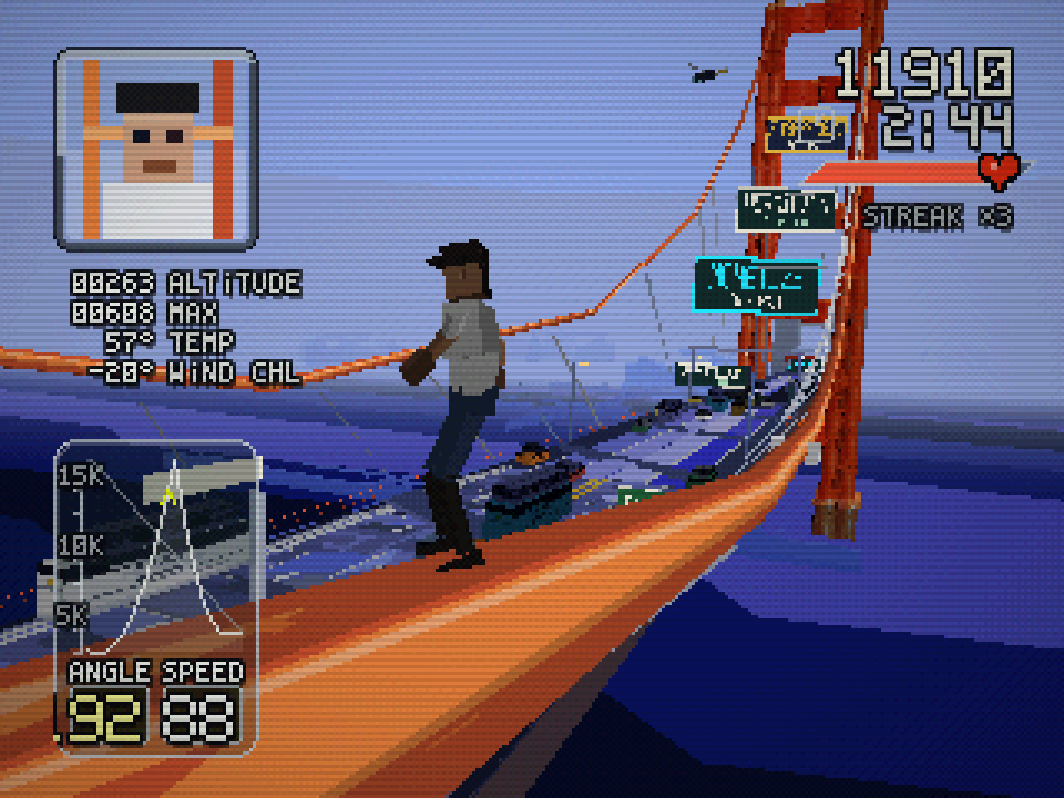Gamifornication character grinding along an orange suspension cable high above a low-poly Golden Gate Bridge, with speed, angle, altitude, score, and health displays