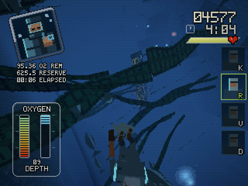 Underwater Gamifornication scene with a diver descending through dark blue water beneath tangled roots, with oxygen, depth, score, and equipment displays