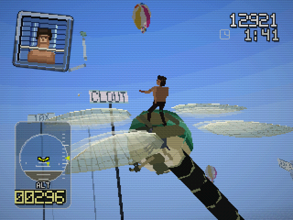 Gamifornication character riding a giant dragonfly high in a bright blue sky among clouds and hot-air balloons, with an altitude radar and score