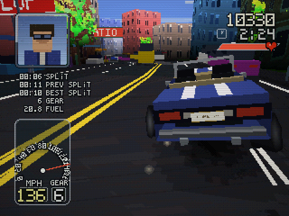 Rear view of a blue sports car speeding through a colorful low-poly city in Gamifornication, surrounded by lap times, fuel, speed, and gear indicators