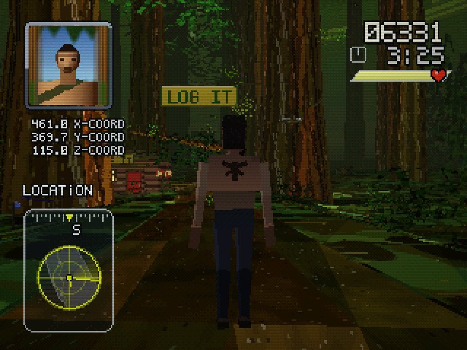 Blocky Gamifornication character walking along a dark redwood forest path toward a sign reading LOG IT, with coordinate and location displays