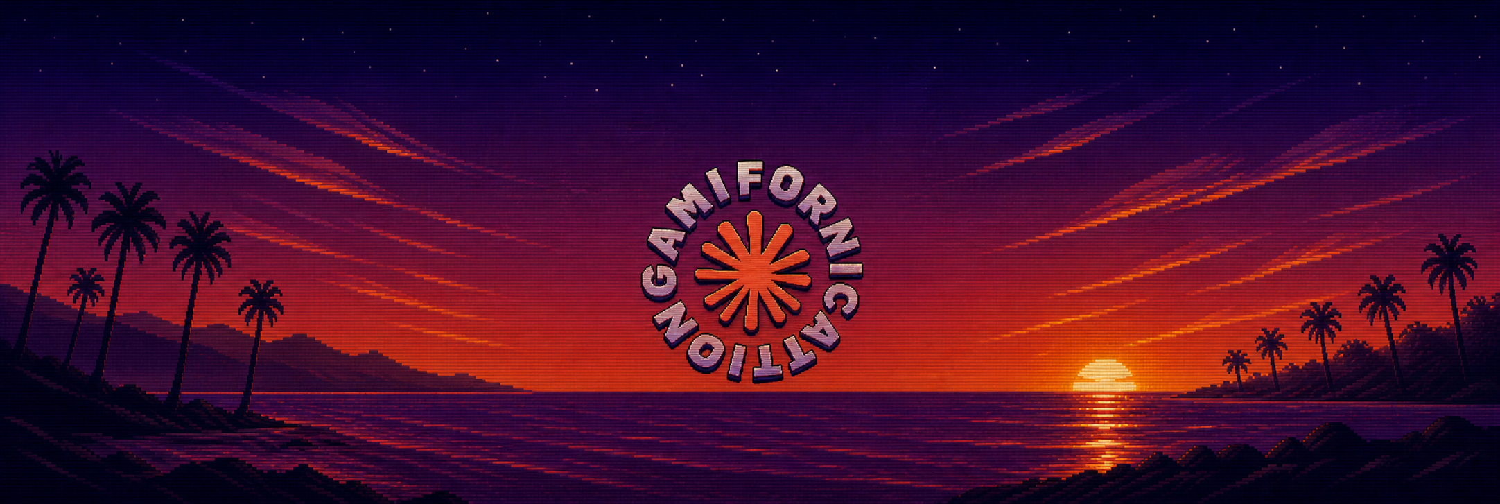 The word Gamifornication encircling the Claude starburst symbol over a panoramic pixel-art California sunset