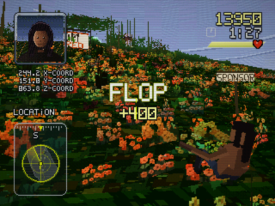 Gamifornication character crawling through an orange poppy field while a large FLOP plus 400 message and game HUD cover the screen