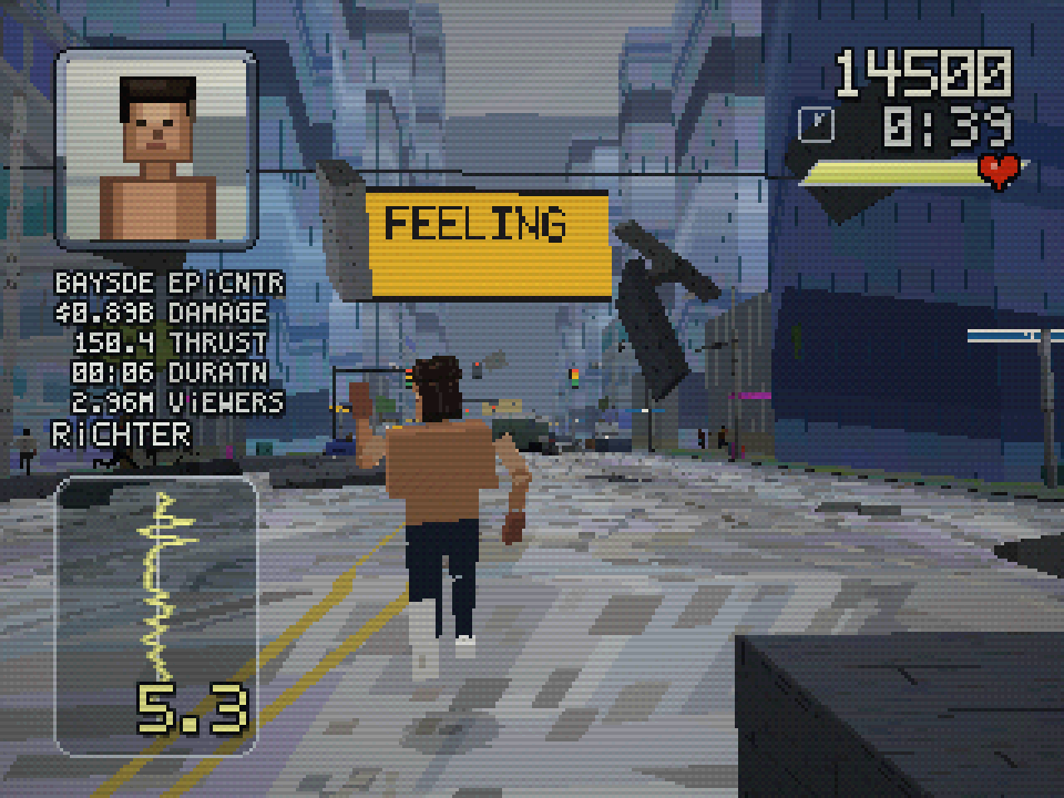 Gamifornication character running through a rainy earthquake-damaged city while debris flies overhead and a yellow FEELING notification appears