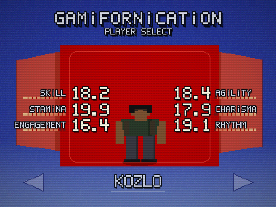 Gamifornication player-select screen showing a blocky character named Kozlo and exaggerated skill, stamina, engagement, agility, charisma, and rhythm statistics
