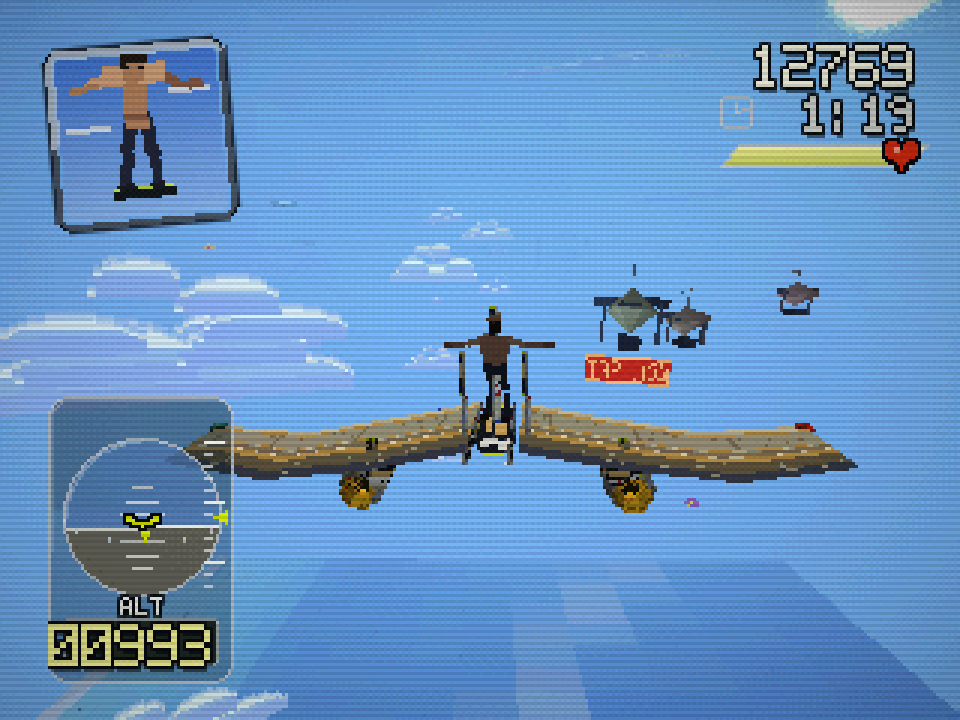 Gamifornication character standing on a rough wooden flying platform above the clouds with floating props, radar, altitude, score, and health HUD elements