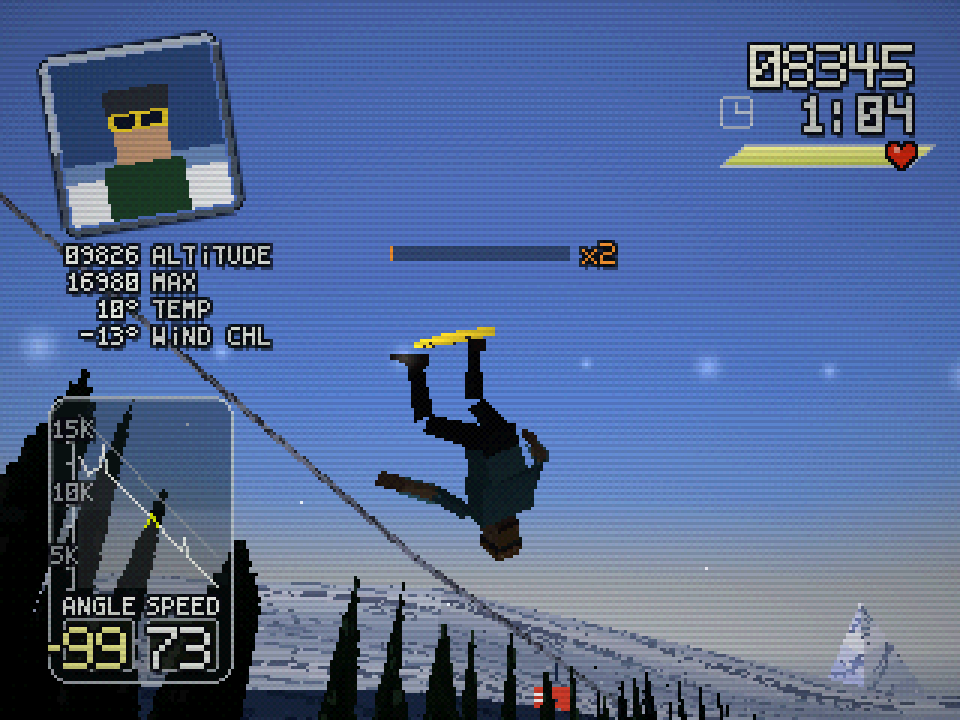 Gamifornication snowboarder tumbling upside down above a snowy mountain slope with altitude, air time, wind chill, score, and angle indicators