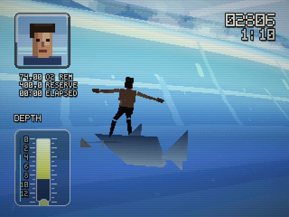 Gamifornication character balancing on the back of a low-poly shark in a pale blue ocean, with an oxygen reserve and depth meter